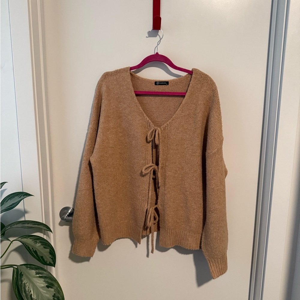 Elegant Tan Cardigan with Tie Accents